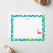 Tropical Flamingo Palm Branches Blue Stationery Mitteilungskarte (Vorderseite/Rückseite Beispiel)
