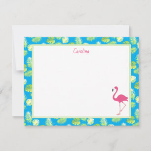 Tropical Flamingo Palm Branches Blue Stationery Mitteilungskarte