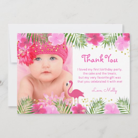 Tropical Flamingo Palm Branches Luau Birthday Girl Dankeskarte (Vorderseite)