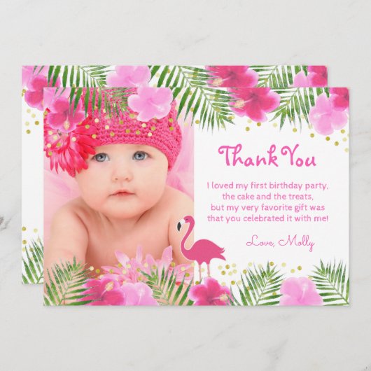 Tropical Flamingo Palm Branches Luau Birthday Girl Dankeskarte (Vorne/Hinten)