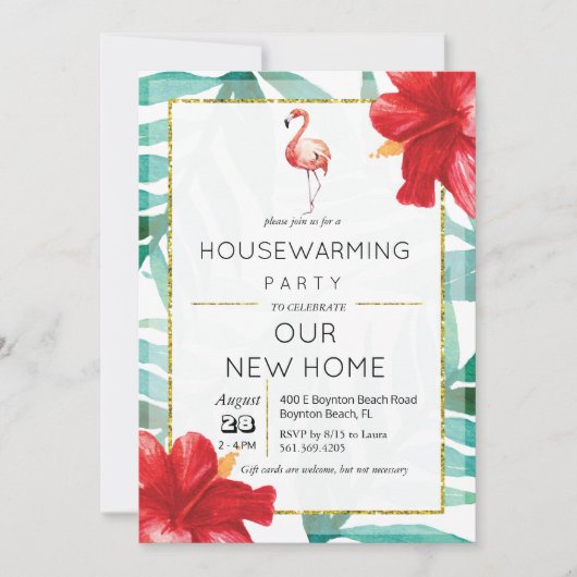Tropical Flamingo Palm Housewarming Einladung (Vorderseite)