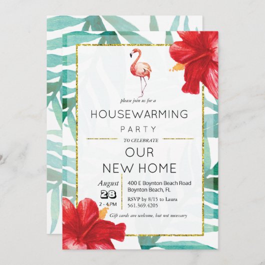 Tropical Flamingo Palm Housewarming Einladung (Vorne/Hinten)