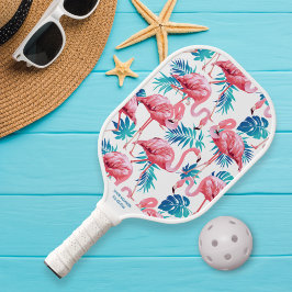 Tropical Flamingo Palm Print Individuelle Name Tel Pickleball Schläger