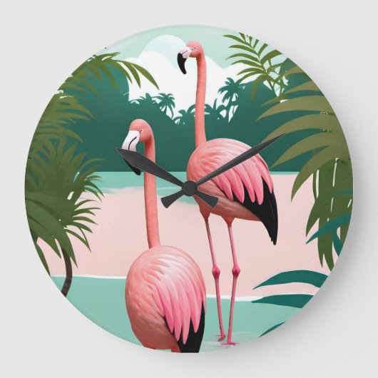 Tropical Flamingo Paradise Große Wanduhr (Vorderseite)
