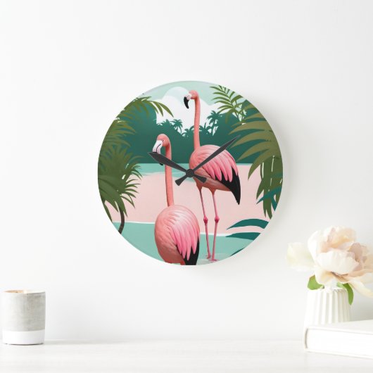 Tropical Flamingo Paradise Große Wanduhr (Zuhause)