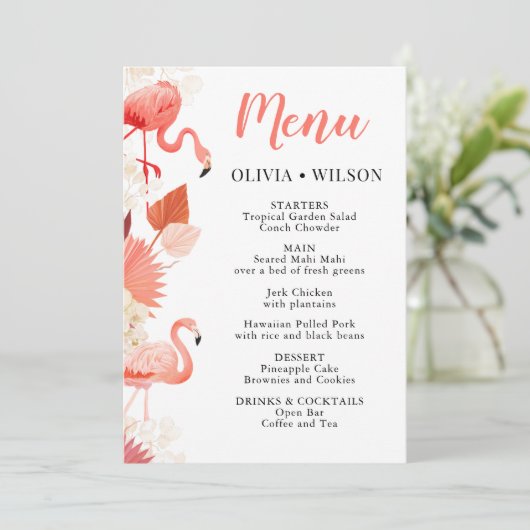 Tropical Flamingo Party Menu Card Einladung (Stehend Vorderseite)