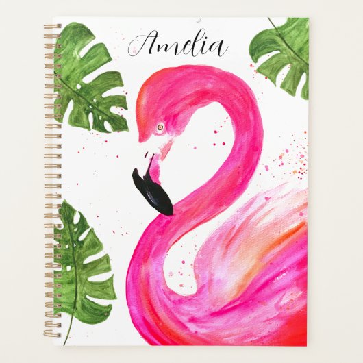 Tropical Flamingo Pink Palm Green Blätter Art Bird Planer (Vorderseite)