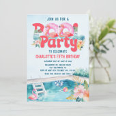 Tropical Flamingo Pool Party Geburtstag Einladung (Stehend Vorderseite)