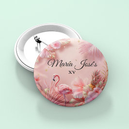 Tropical Flamingo Quinceañera, custom Button