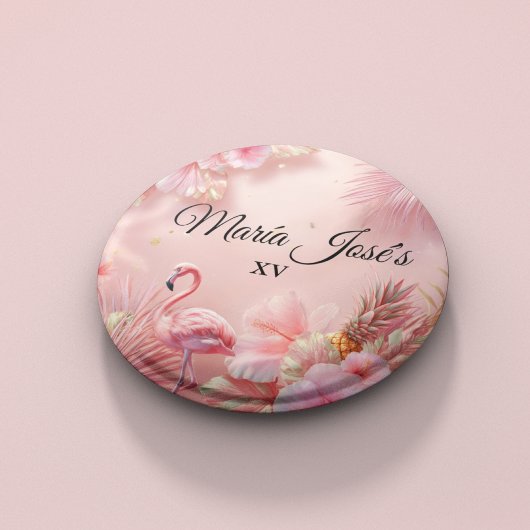 Tropical Flamingo Quinceañera, custom Button