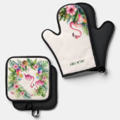 Tropical Flamingo Retirement Mama Oma Ehefrau Ofenhandschuh & Topflappen-Set (Vorderseite/Rückseite)