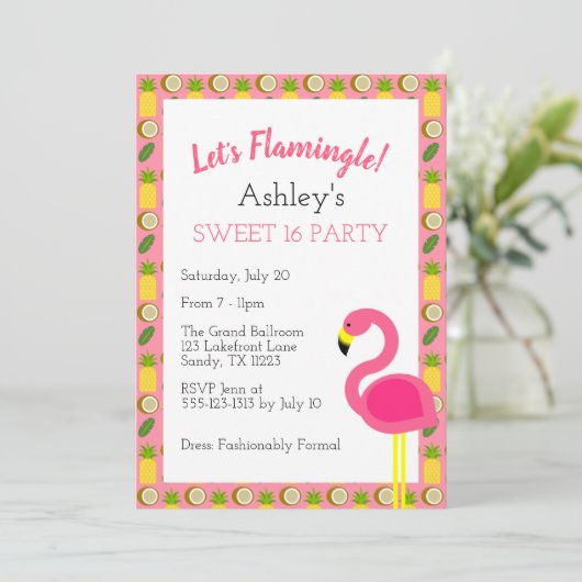 Tropical Flamingo Sweet 16 Geburtstag Einladung (Stehend Vorderseite)