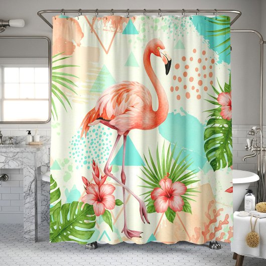 Tropical Flamingo Watercolor & Geometric Pattern Duschvorhang