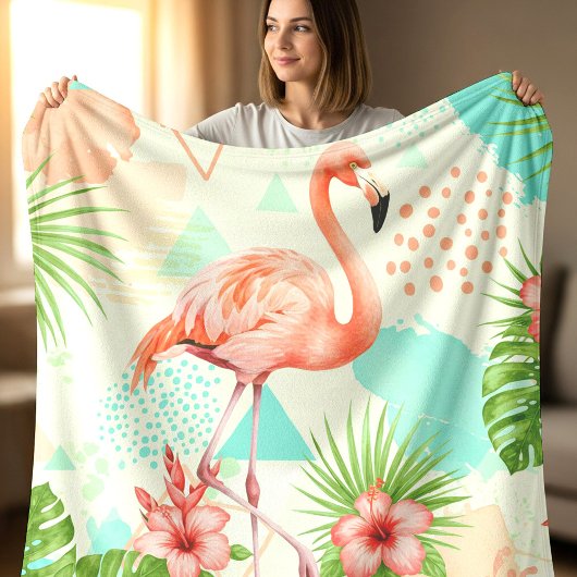 Tropical Flamingo Watercolor & Geometric Pattern Fleecedecke