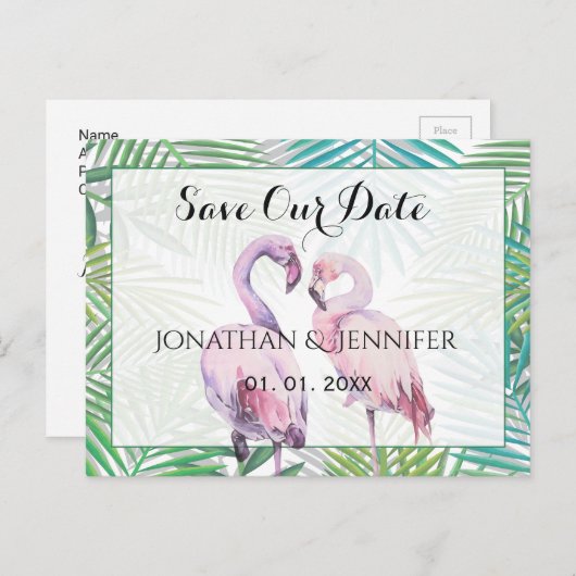 Tropical Flamingo Wedding Speichern Sie das Datum Ankündigungspostkarte (Vorne/Hinten)