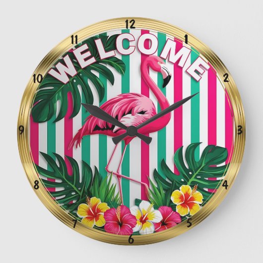 Tropical Flamingo Willkommen bei Aussie Style Große Wanduhr (Vorderseite)