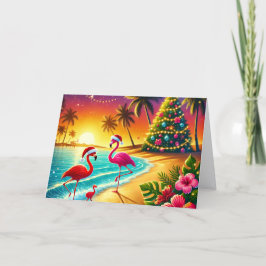 Tropical Flamingos on Beach Christmas Holiday Card Feiertagskarte