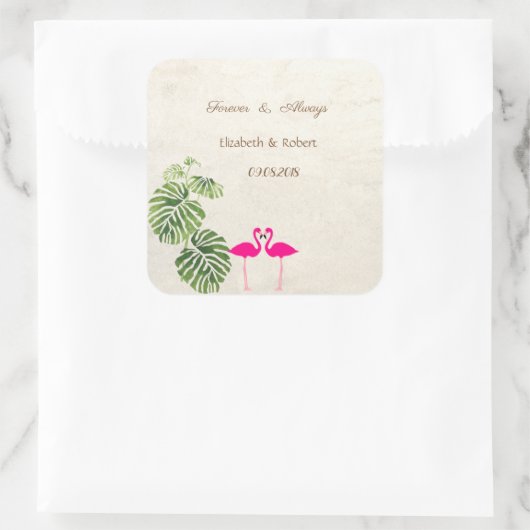 Tropical Flamingos Wedding Quadratischer Aufkleber (Tasche)