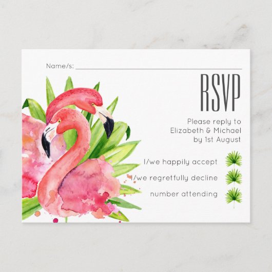 Tropical Flamingos Wedding RSVP Postcard Einladungspostkarte (Vorderseite)