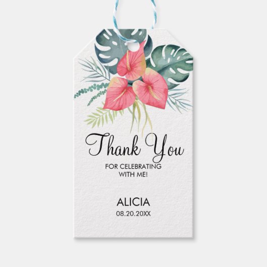 Tropical Flora Pink Anthurium & Monstera Vielen Da Geschenkanhänger (Vorderseite)