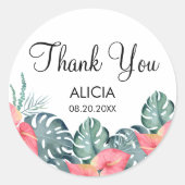 Tropical Flora Pink Anthurium & Monstera Vielen Da Runder Aufkleber (Vorderseite)