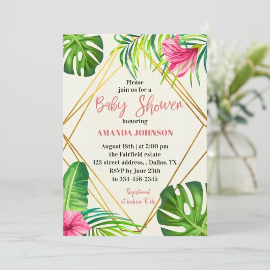 Tropical Floral Baby Shower Einladung (Stehend Vorderseite)