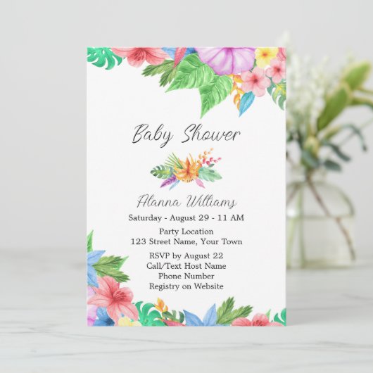 Tropical Floral Baby Shower Einladung (Stehend Vorderseite)
