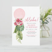 Tropical Floral Balloon Luau 1. Geburtstag Einladung (Stehend Vorderseite)