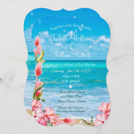 Tropical Floral Beach Hochzeit Einladung (Vorne/Hinten)