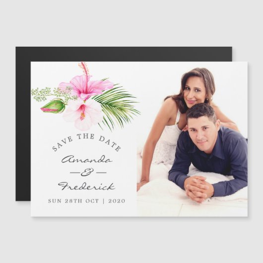 Tropical Floral Beach Hochzeit Save the Date Magneteinladung (Vorne/Hinten)