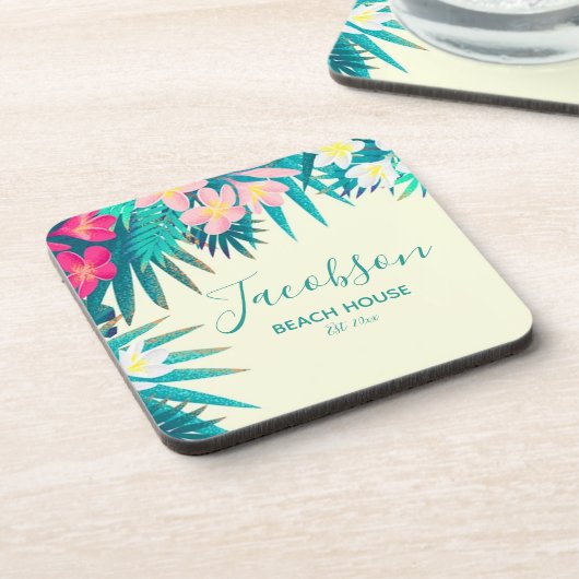 Tropical Floral Beach House Familienurlaub Getränkeuntersetzer (Linke Seite)
