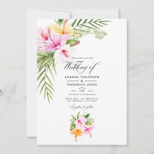 Tropical Floral Beach Wedding Foto Einladung (Vorderseite)