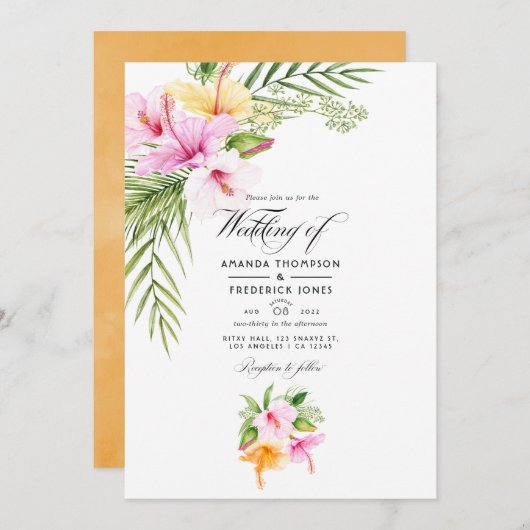 Tropical Floral Beach Wedding Foto Einladung (Vorne/Hinten)