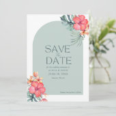 Tropical Floral Beach Wedding Foto Save the Date (Stehend Vorderseite)