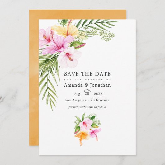 Tropical Floral Beach Wedding Foto Save The Date (Vorne/Hinten)