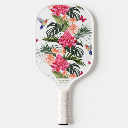 Tropical Floral Bird Butterfly Custom Name Phone # Pickleball Schläger (Rückseite)