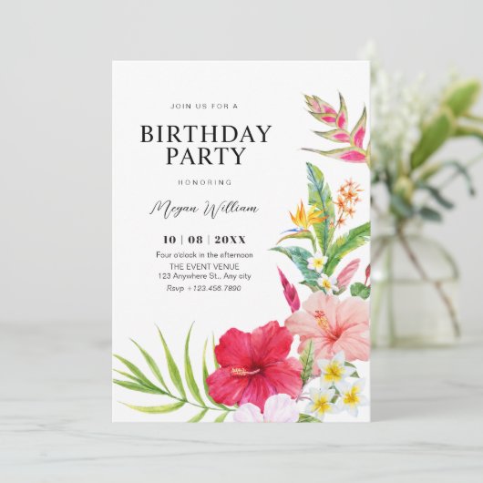 Tropical floral birthday einladung (Stehend Vorderseite)