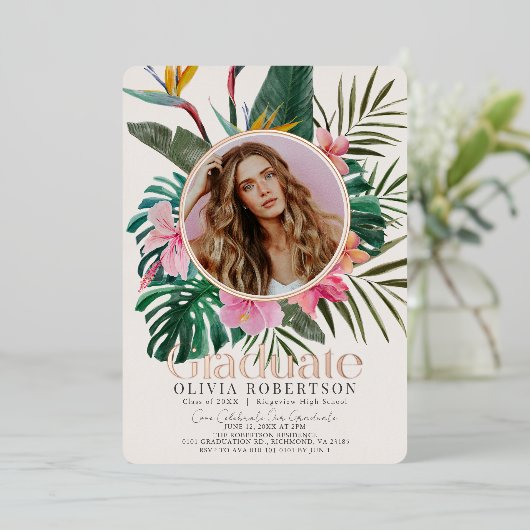 Tropical Floral & Botanic Foto Abschluss Folieneinladung (Stehend vorne)