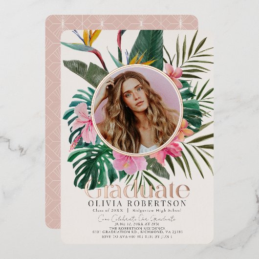 Tropical Floral & Botanic Foto Abschluss Folieneinladung (Vorderseite/Rückseite)