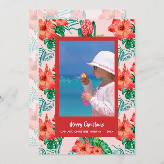 Tropical Floral Christmas Foto Feiertagskarte (Vorne/Hinten)
