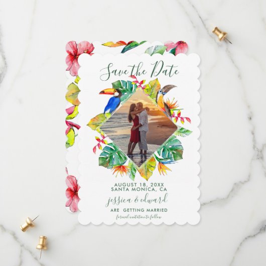 Tropical Floral Diamond Wreath Hawaii Foto Save The Date (Vorderseite/Rückseite Beispiel)