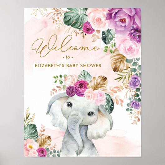 Tropical Floral Elephant Baby Shower Welcome Poster (Vorne)