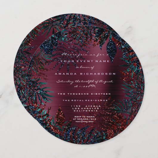 Tropical Floral Fern Blätter Gerahmt Burgund Glitz Einladung (Vorne/Hinten)