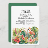 Tropical Floral Flamingo 100. Geburtstag Einladung (Vorne/Hinten)