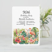 Tropical Floral Flamingo 90. Geburtstag Einladung (Stehend Vorderseite)