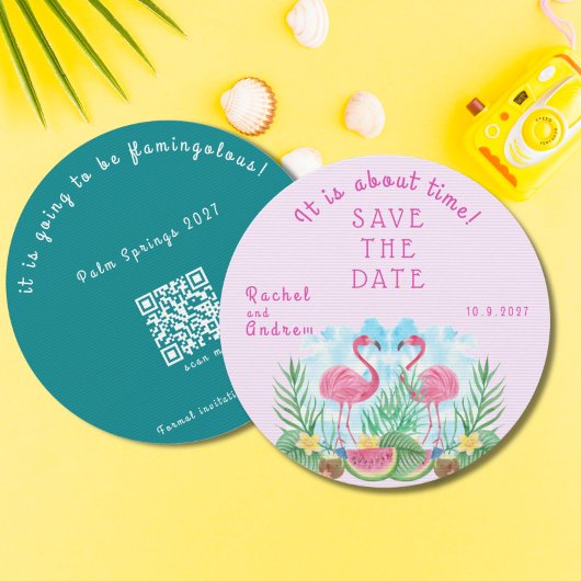 Tropical Floral Flamingo Bold Pink Green Wedding Save The Date