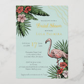 Tropical Floral Flamingo Brautparty Gold Folieneinladung (Vorderseite)