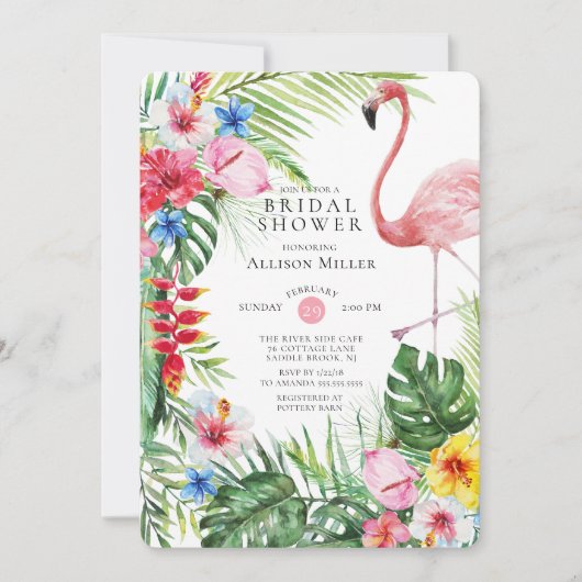 Tropical Floral Flamingo Bridal Dusche Einladung (Vorderseite)