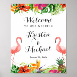 Tropical Floral Flamingo Couple Luau Wedding Sign Poster