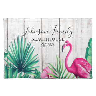 Tropical Floral Flamingo Familienname Beach House  Stofftischset